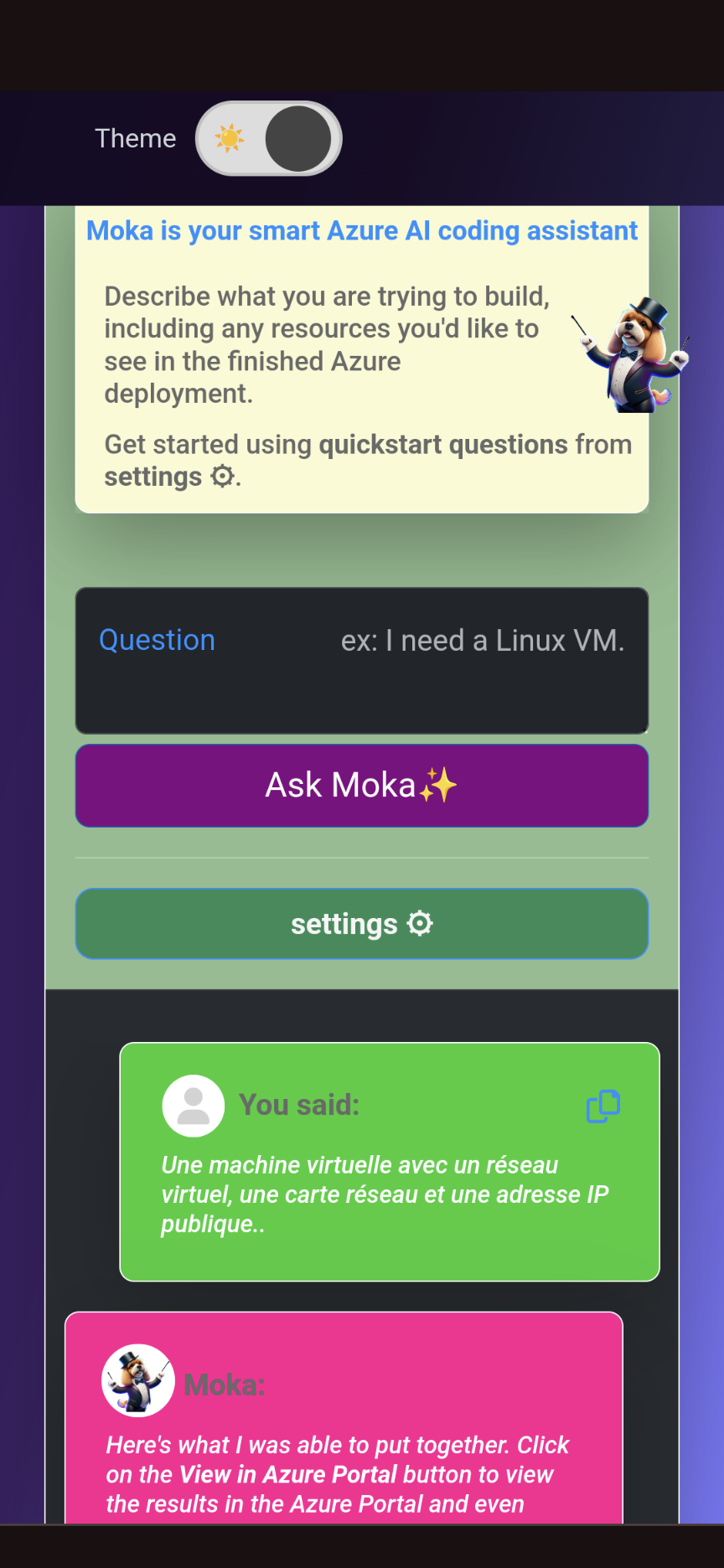 Moka prompt workspace for describing the target Azure deployment